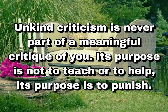 "Unkind criticism is never part of a meaningful critique of you. Its purpose is not to teach or to help, its purpose is to punish." ~ Barbara Sher