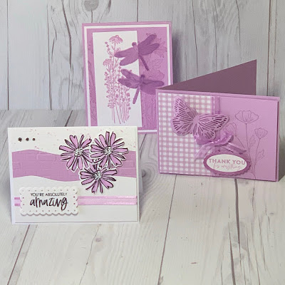 Three cards show different users of Stampin' Up! Fresh Freesia In Color on handmade greeting cards