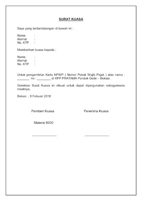 Sisurat: Contoh Surat Kuasa Pengambilan NPWP (Nomor Pokok 