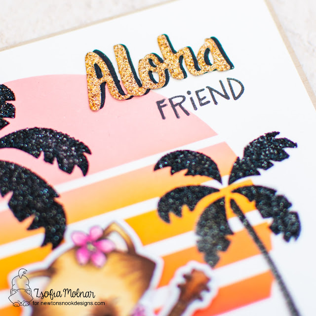 Aloha Kitty by Zsofia Molnar | Aloha Newton Stamp Set, Retro Sun & Palms Stencil Set and Land Borders Die Set by Newton's Nook Designs #newtonsnook