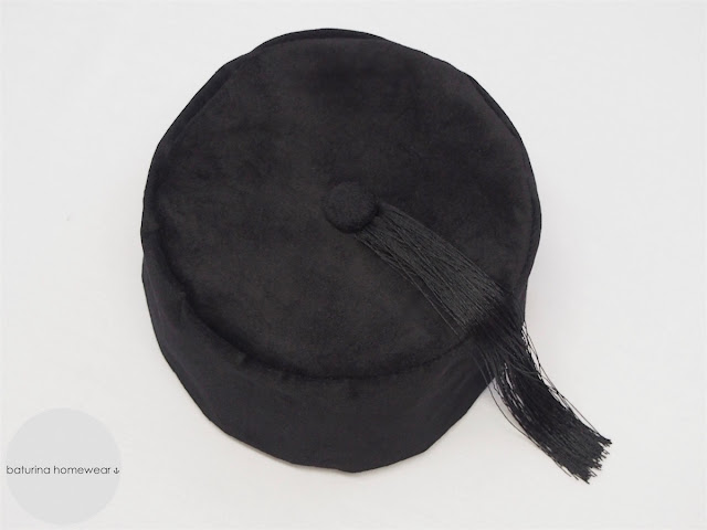 Gentleman's classic tasseled victorian style smoking hat in black velvet and burgundy silk.