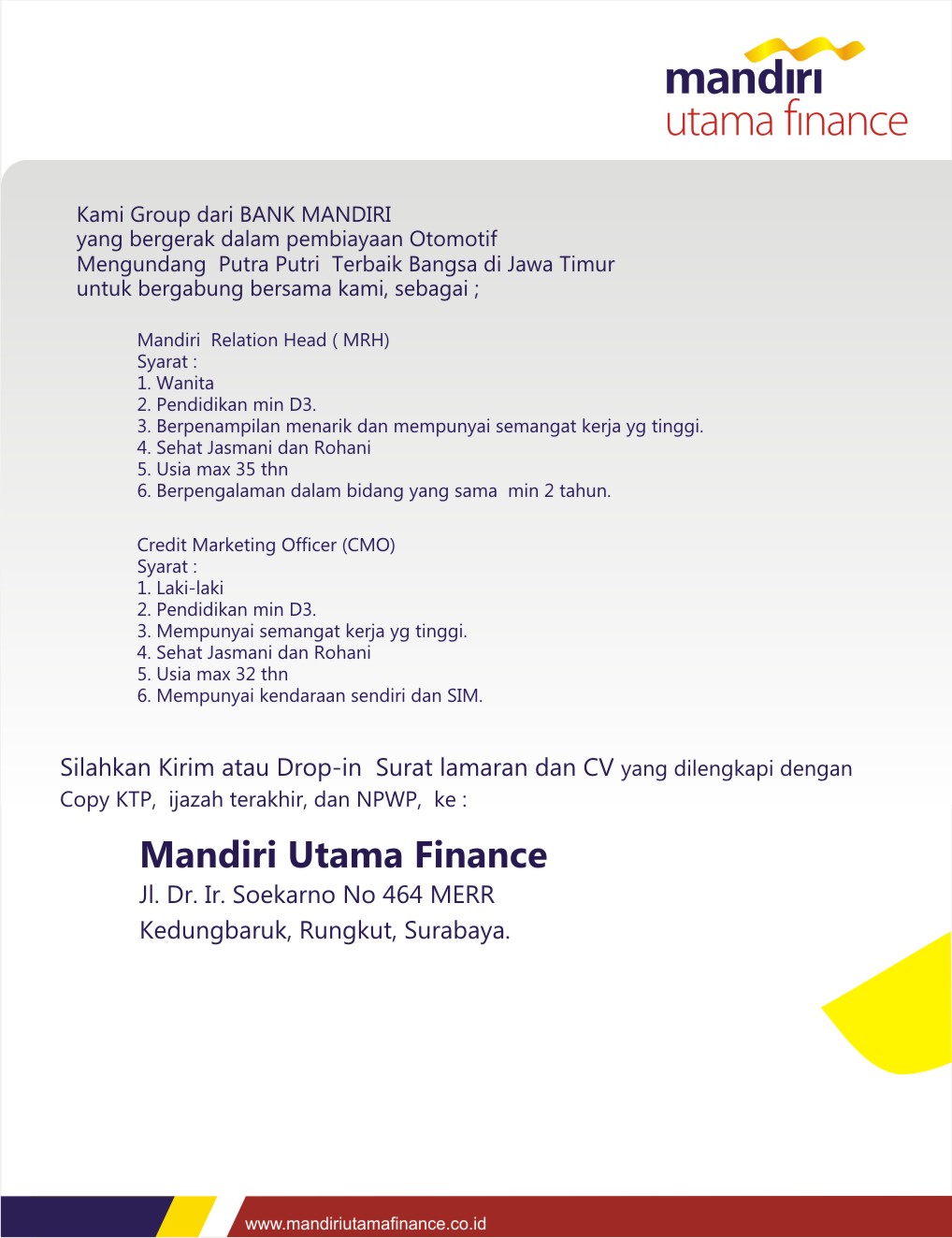 Lowongan Kerja Mandiri Utama Finance - Surabaya (Mandiri 