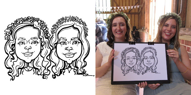 Double caricature portrait and a photo of the bride and a friend