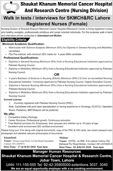 Female Nurses required at Shaukat Khanum Memorial Cancer Hospital Lahore