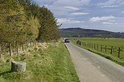 The Stanegate, still in use and under asphalt. Note the milestone in the lower left