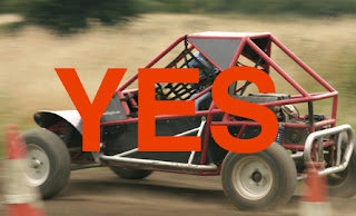 Picture of a rage buggy going 58mph with the word Yes