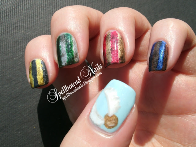 nail art nails mani manicure Harry Potter Gryffindor Slytherin Ravenclaw Hufflepuff Hogwarts Houses striped Golden Snitch wings red gold green silver yellow black blue bronze