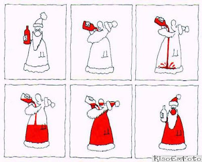 Papai Noel branco toma vinho até ficar vermelho.