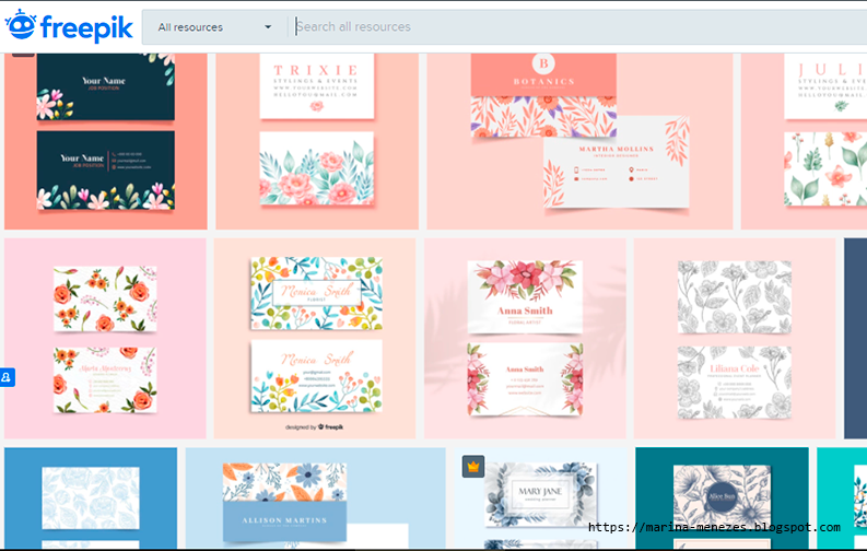 A imagem mostra uma captura de tela do site Freepik com vários cartões de visita como resultado da busca no site