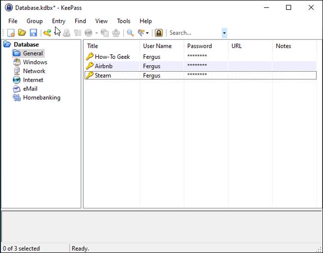 شاشة KeePass الرئيسية