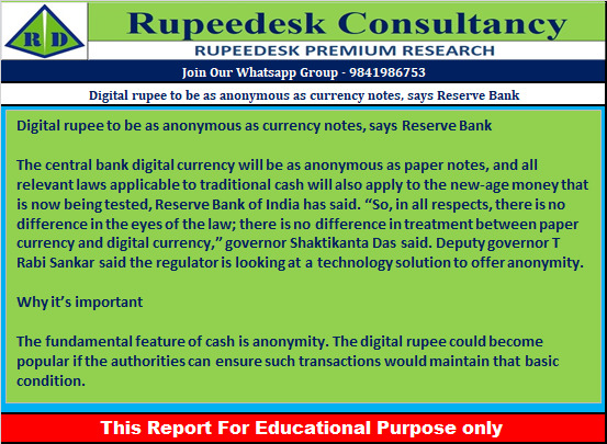 Digital rupee to be as anonymous as currency notes, says Reserve Bank - Rupeedesk Reports - 08.12.2022