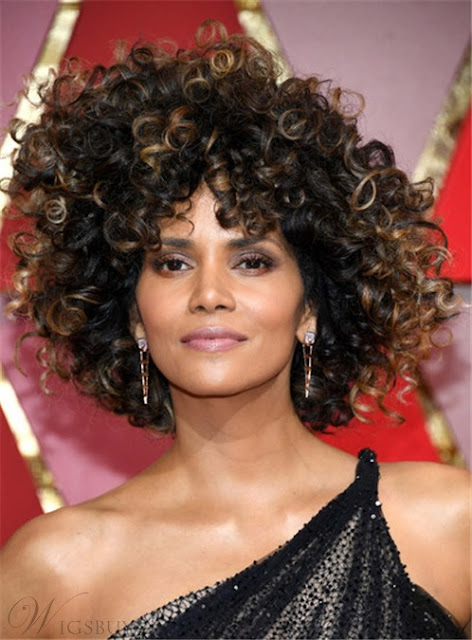 Halle Berry Mixed Color Kinky Curly Synthetic Hair With Bangs Medium Tight Coils Capless Cap Wigs 12 Inches  - Price:USD$61.57