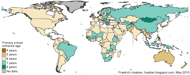 World map with national primary school entrance ages