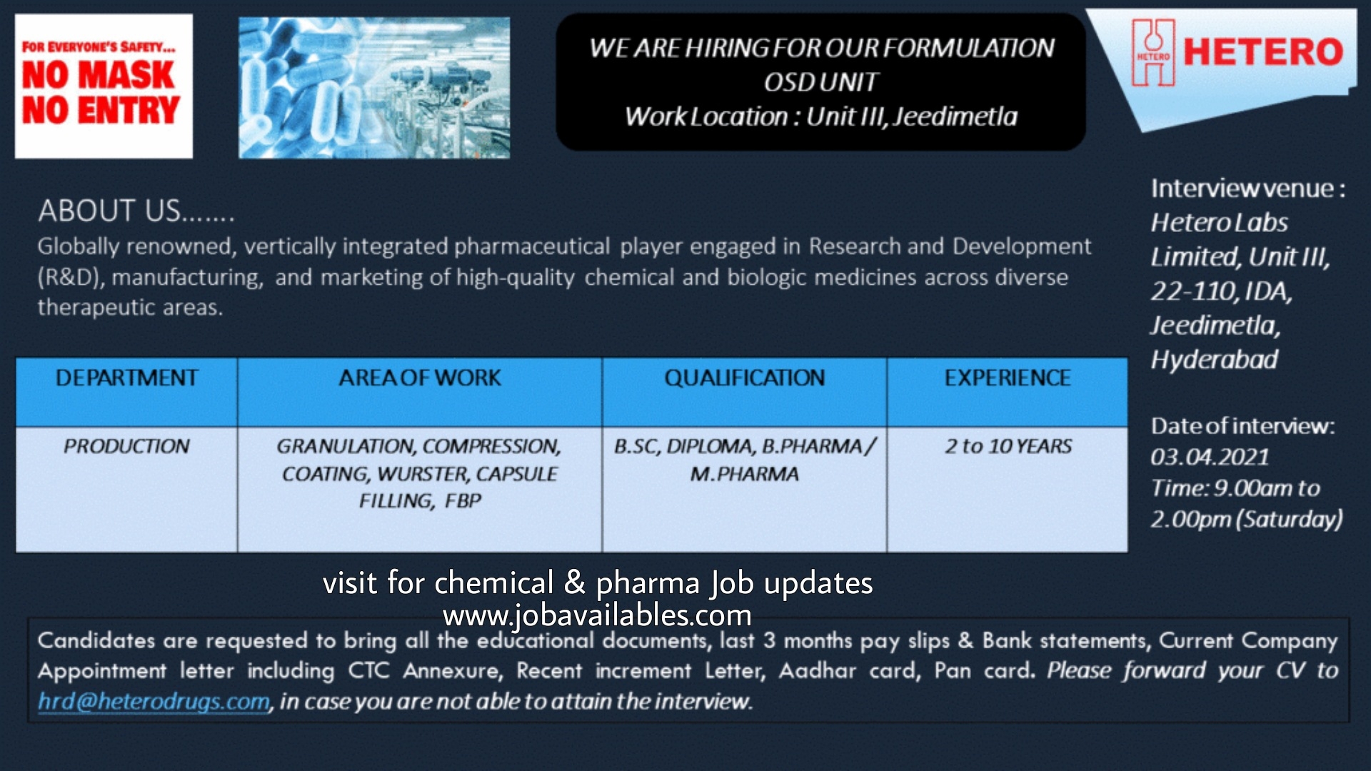 Job Availables, Hetero Job Opening For Bsc/ M.Pharma/ B.Pharma/ Diploma - Production Dept