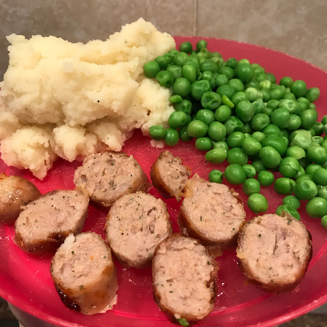 Connie's sausage, mash and peas dinner, using Idahoan's Perfect Mash