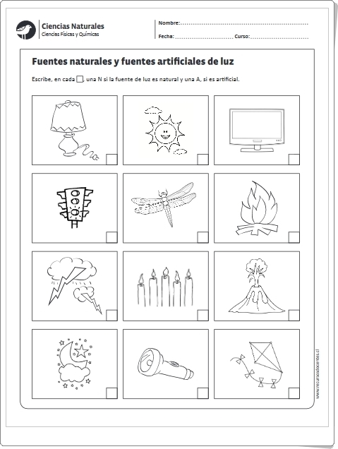 FUENTES NATURALES Y FUENTES ARTIFICALES DE LUZ (Ficha de Ciencias Naturales de Primaria)