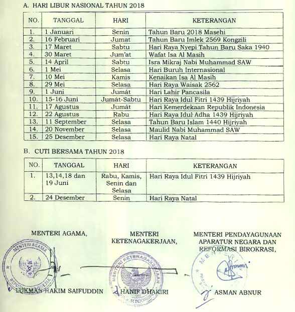 Daftar Hari Libur Nasional dan Cuti Bersama Tahun 2018 