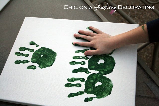 easy kids craft, handprint Christmas trees by Chic on a Shoestring Decorating blog