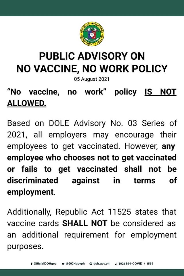 PUBLIC ADVISORY ON NO VACCINE, NO WORK POLICY