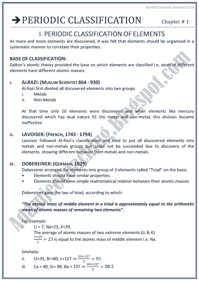 XII Chemistry Notes - Periodic Classification