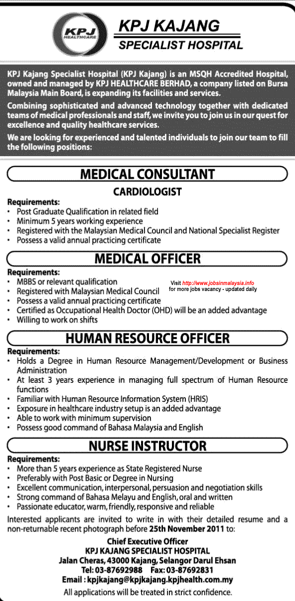 Jawatan Kosong KPJ Kajang Specialist Hospital