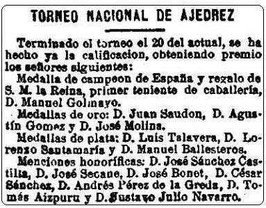 Recorte de La Correspondencia en España del 23 de mayo de 1902 sobre el primer campeonato de España individual de Ajedrez