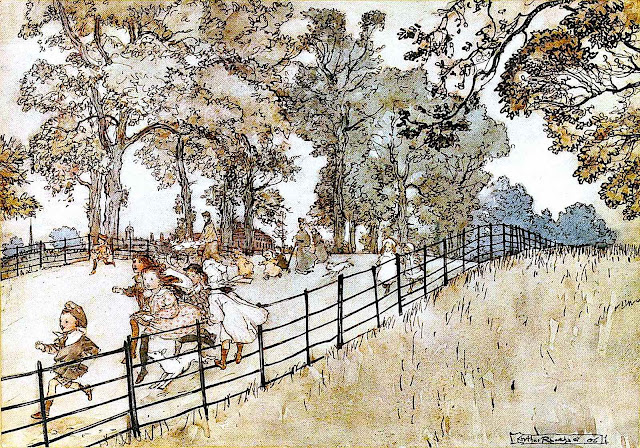 an Arthur Rackham 1906 illustration of laughing children running down a road