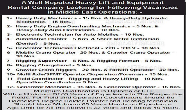 A Well Reputed Heavy Lift and Equipment Rental Company Looking for Following Vacancies For Hiring in Middle East Operations   شركة ذات سمعة طيبة لتأجير المعدات والرافعات الثقيلة تبحث عن الوظائف الشاغرة التالية للتوظيف في عمليات الشرق الأوسط