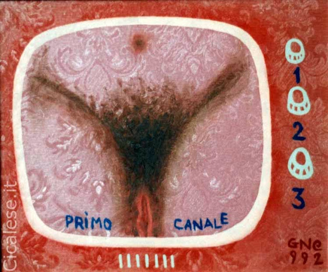 PRIMO CANALE (1992) olio su carta parati (26x31)