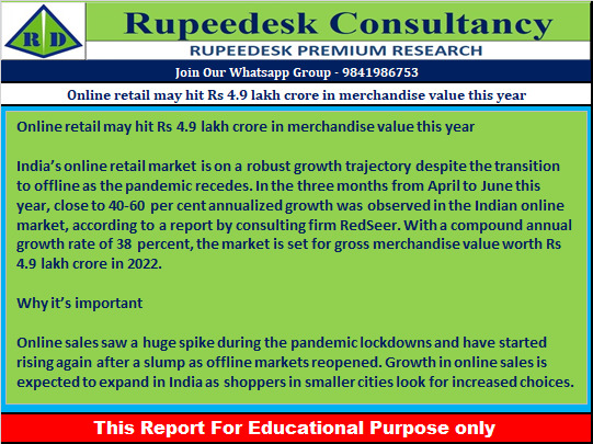 Online retail may hit Rs 4.9 lakh crore in merchandise value this year - Rupeedesk Reports - 22.07.2022