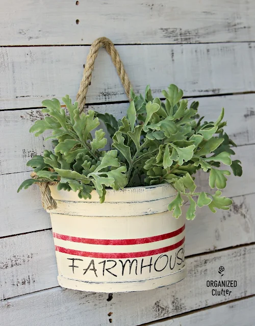 Rummage Sale Firkin Style Planter Upcycle #oldsignstencils #stencil #grainsackstripe #farmhouse