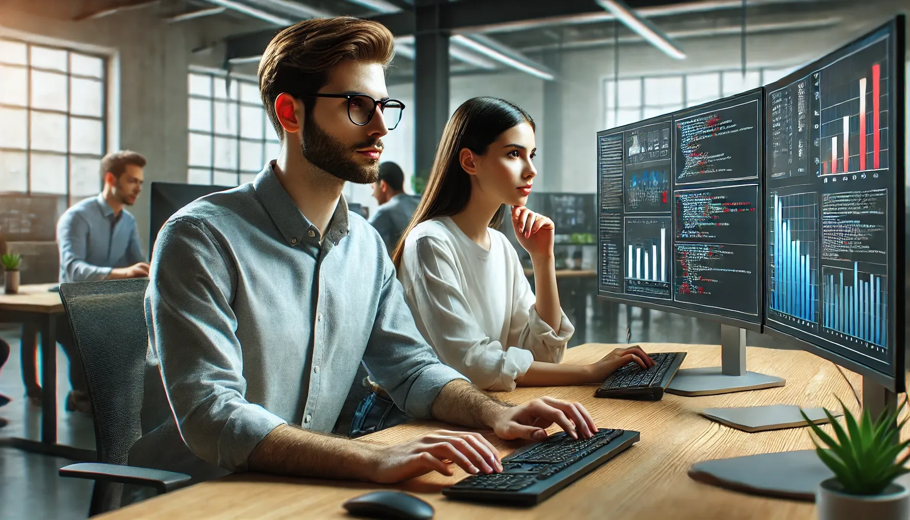 A guy and a lady on their PC solving data science and analytics problem