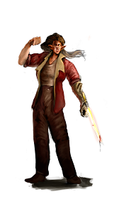 a person with tusks and long hair wearing a red jacket and brown shirt and pants, with a metal forearm that ends in a glowing, bloodied sword