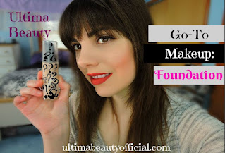 Ultima Beauty holding her go-to foundation covered in question marks. Text reads: "Ultima Beauty Go-to Makeup: Foundation"