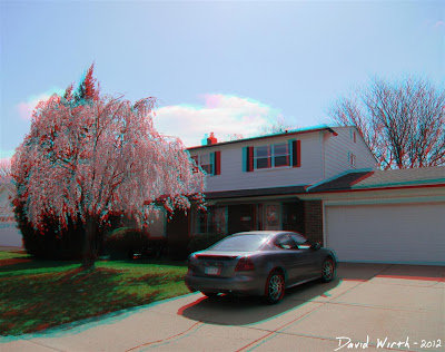 3d red cyan blue house car tree