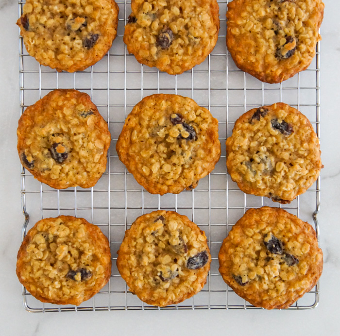 Oatmeal Bourbon Raisin Cookies on wire cooling rack