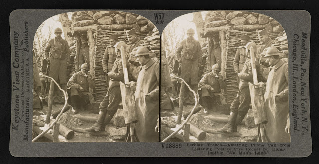 Serbian trench. Awaiting phone call from listening post to fire rocket for illuminating "No man's land" - Stereograph Card