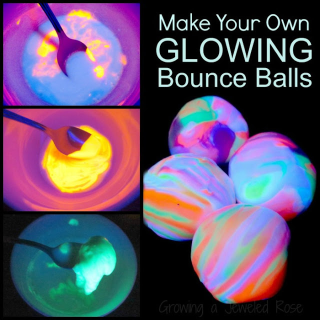 Make your own glow in the dark RAINBOW bounce balls using common household ingredients. So much fun!