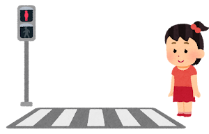 横断歩道と信号機と歩行者のイラスト（女の子・赤信号）