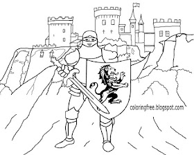 Round table knight Camelot castle and court famous King Arthur medieval coloring page for teenagers