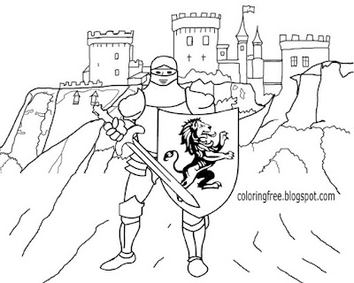 Round table knight Camelot castle and court famous King Arthur medieval coloring page for teenagers