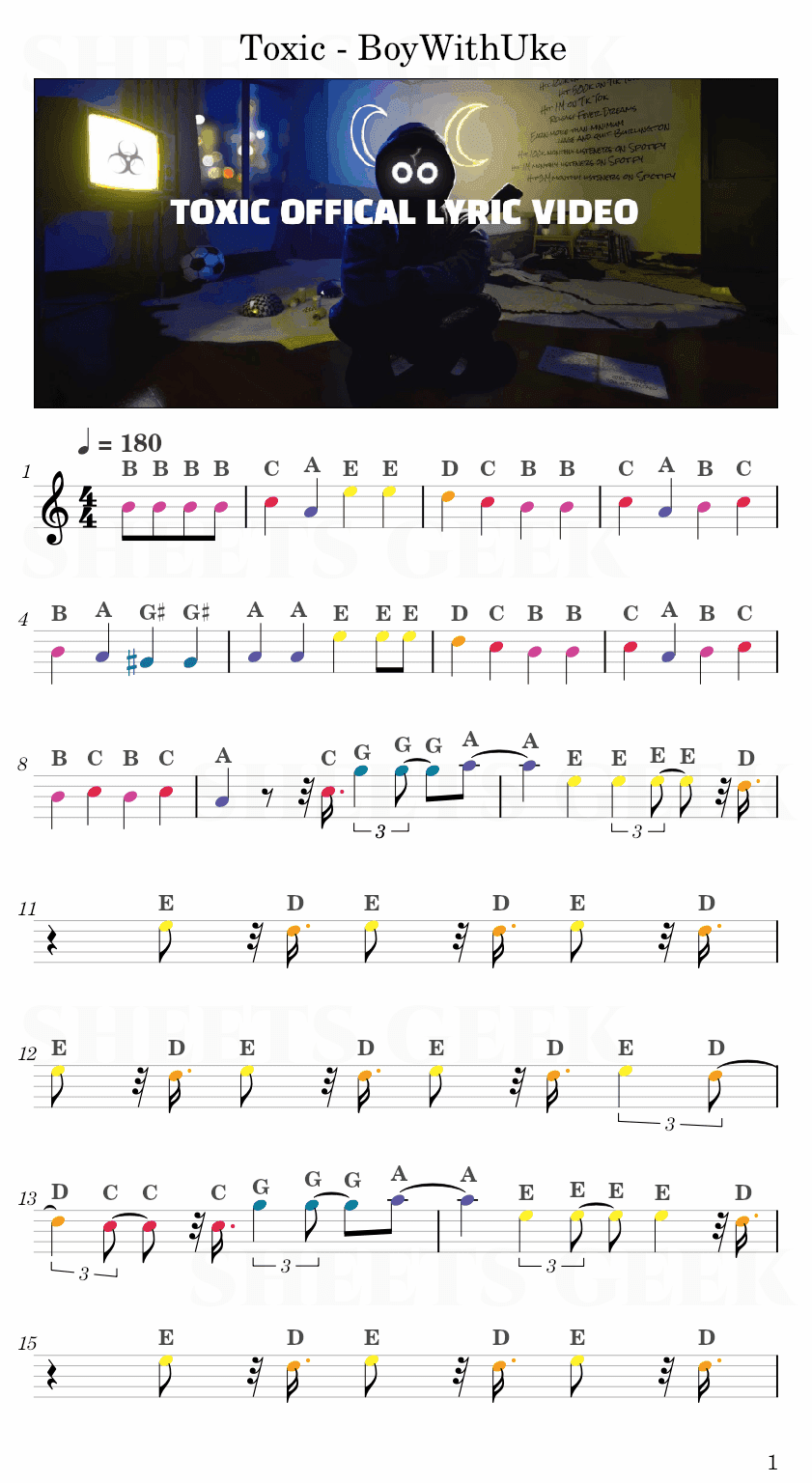 Toxic - BoyWithUke Easy Sheet Music Free for piano, keyboard, flute, violin, sax, cello page 1