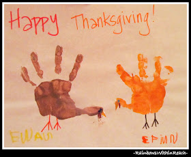 photo of: Hand prints painted as turkeys for Thanksgiving (RoundUP of all things turkey via RainbowsWithinReach)