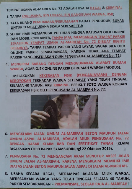 Korban aniaya kegiatan usaha ilegal serakah sang pelaku usaha Jalan Al-Marifah Nomor 72 Cengkareng, Kelurahan Rawa Buaya, Jakarta Barat