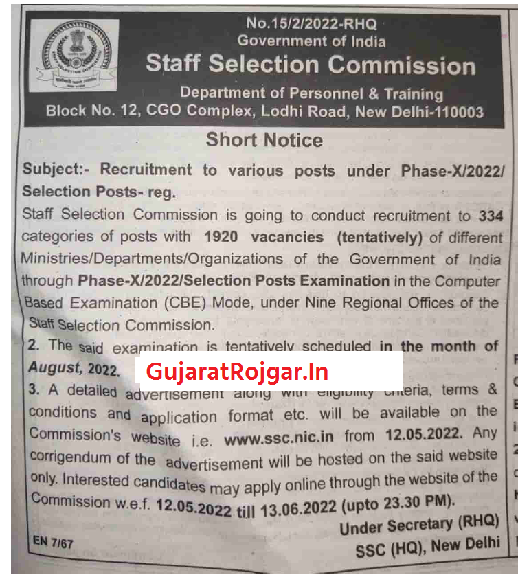 SSC Phase X Recruitment 2022, Apply For 1920 Phase Posts