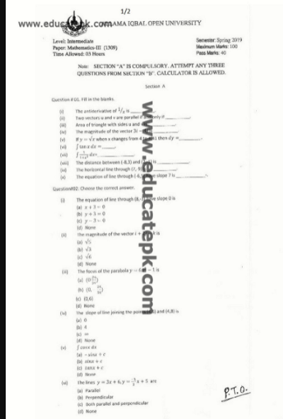 AIOU-FA-Code-1309-Mathematics-III-Past-Papers-pdf