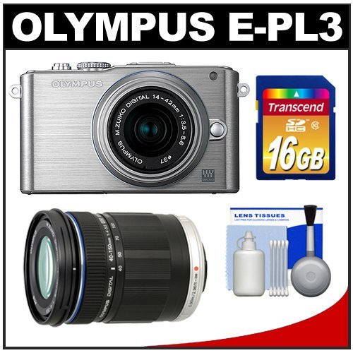 Olympus PEN E-PL3 Micro 4/3 Digital Camera  &  14-42mm II Lens (Silver) with M.Zuiko 40-150mm Lens + 16GB Card + Cleaning Kit (Refurbished by Olympus)