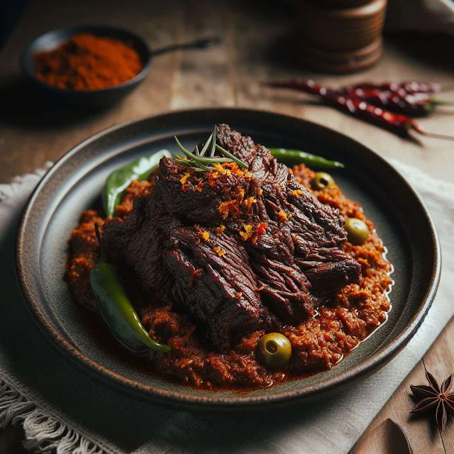 A piece of beef rendang in a plate, still hot