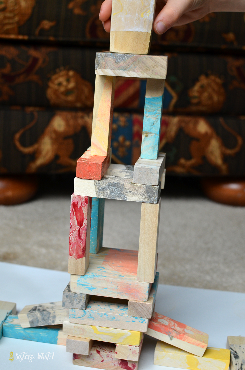 upcycled jenga blocks with marbleizing painting, so fun!