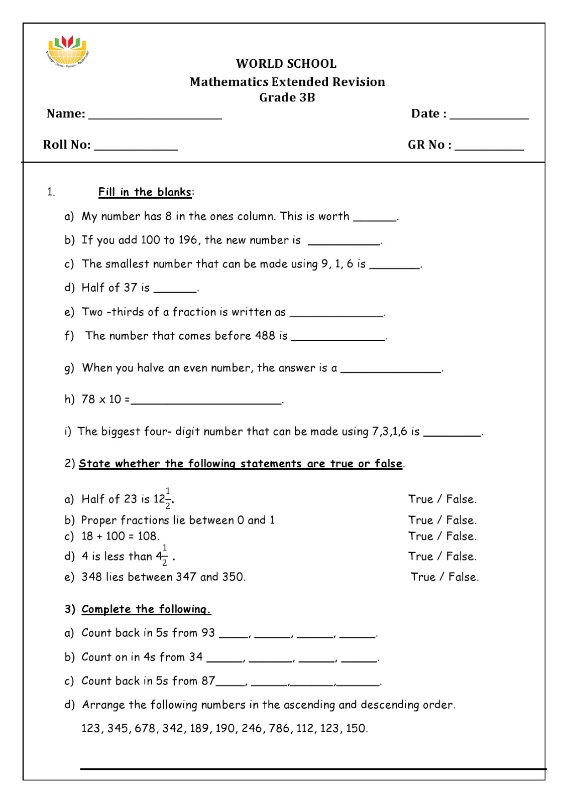 birla world school oman revision worksheets for grade 3
